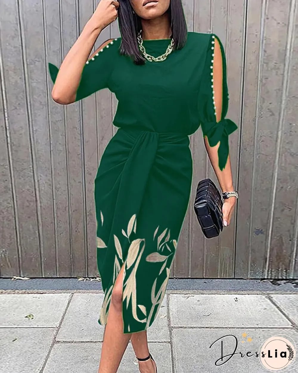 Leaf Print Pearls Decor Knotted Work Dress