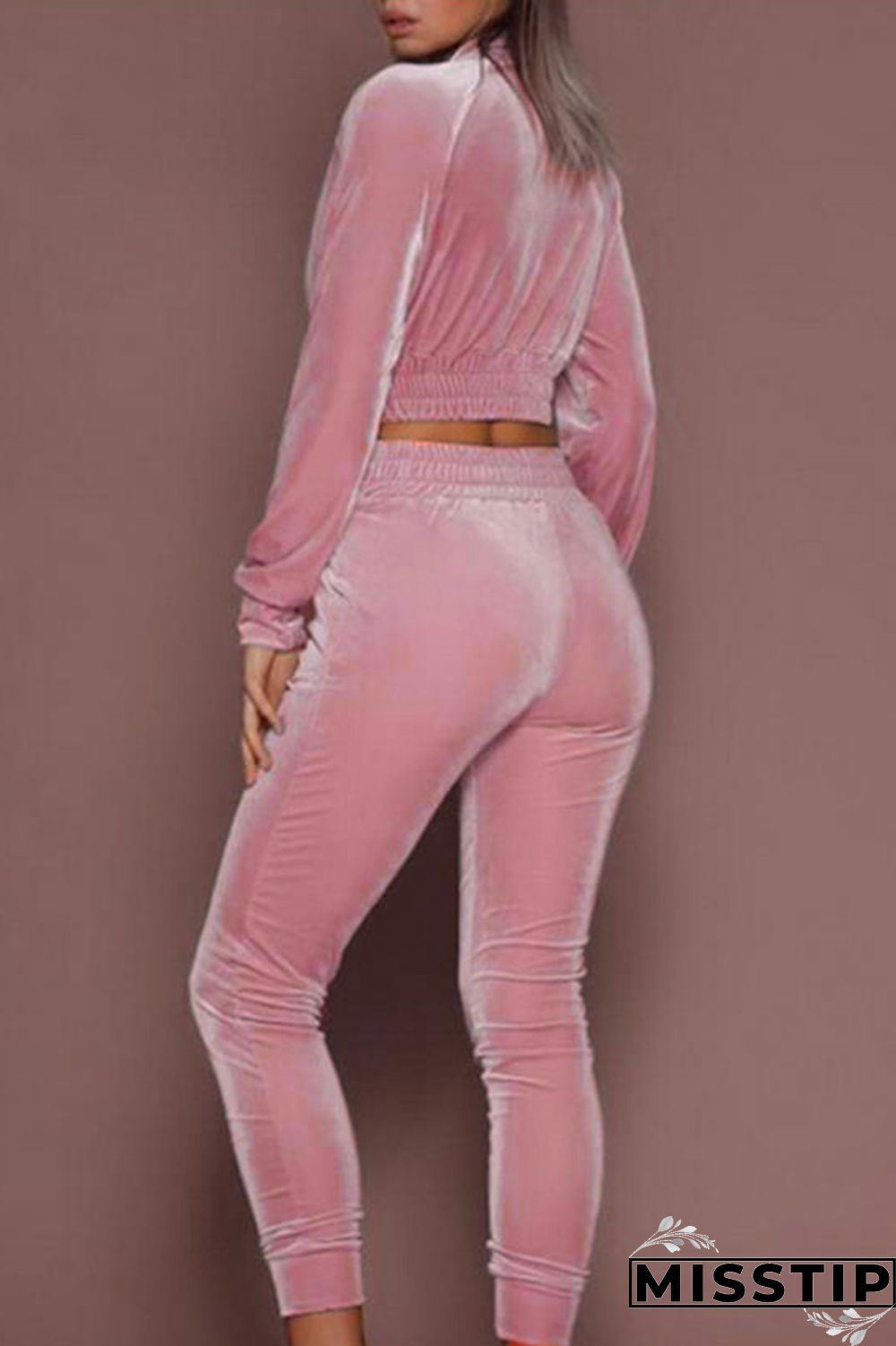 Pink Fashion Casual Solid Basic Zipper Collar Long Sleeve Two Pieces