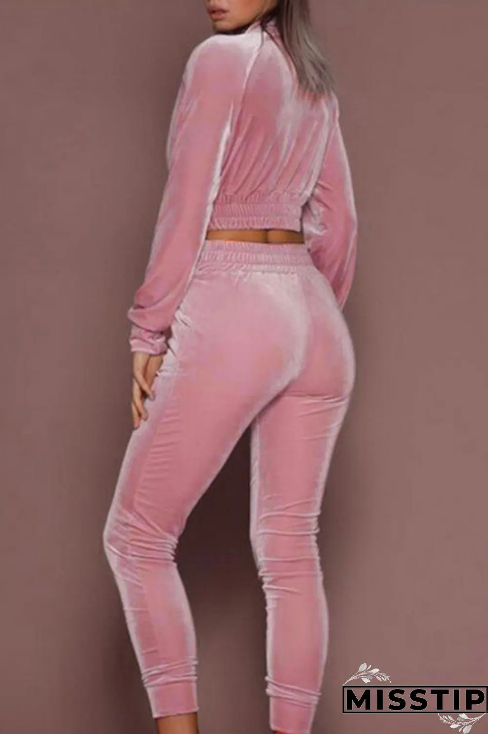 Pink Fashion Casual Solid Basic Zipper Collar Long Sleeve Two Pieces