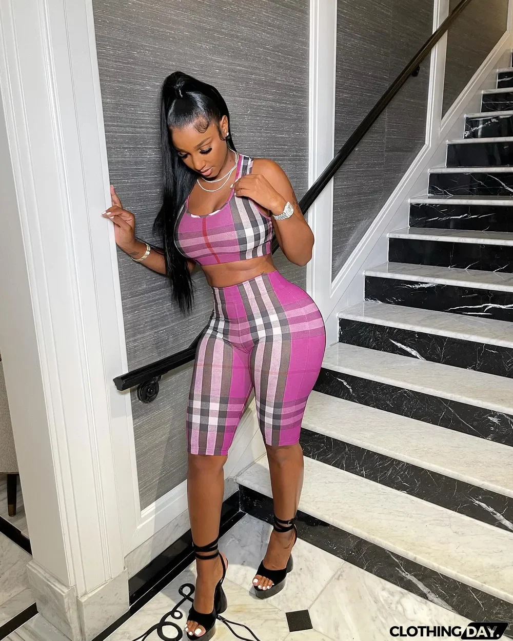 Plus Size Plaid Tank Top And Shorts 2 Piece Sets