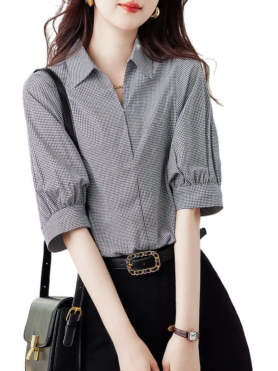 Athvotar Athvotar Casual Design Cotton Checker Shirt 2025 Summer New Collar Short-Sleeved Shirt Women's New Top