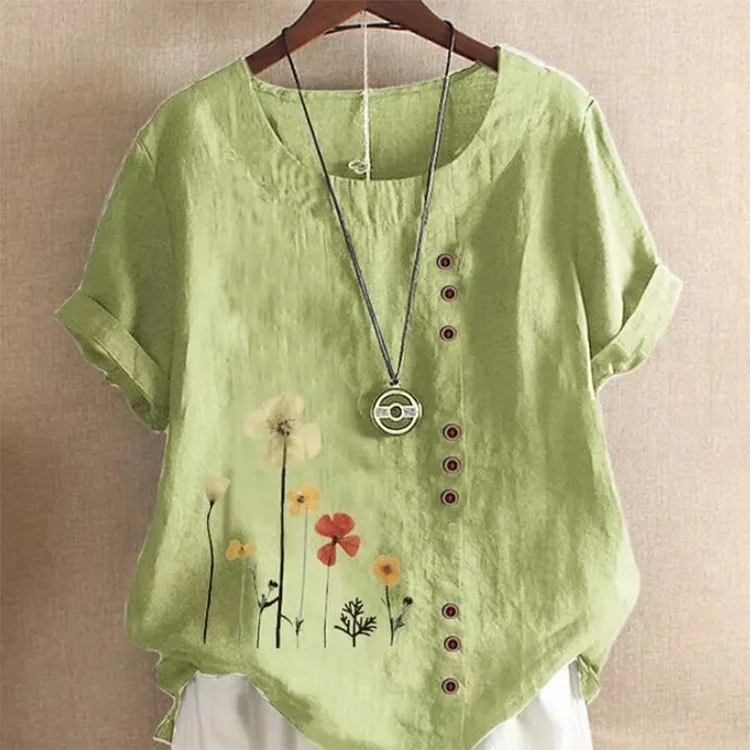 Ladies Vintage Print Loose Casual Cotton Linen Shirt