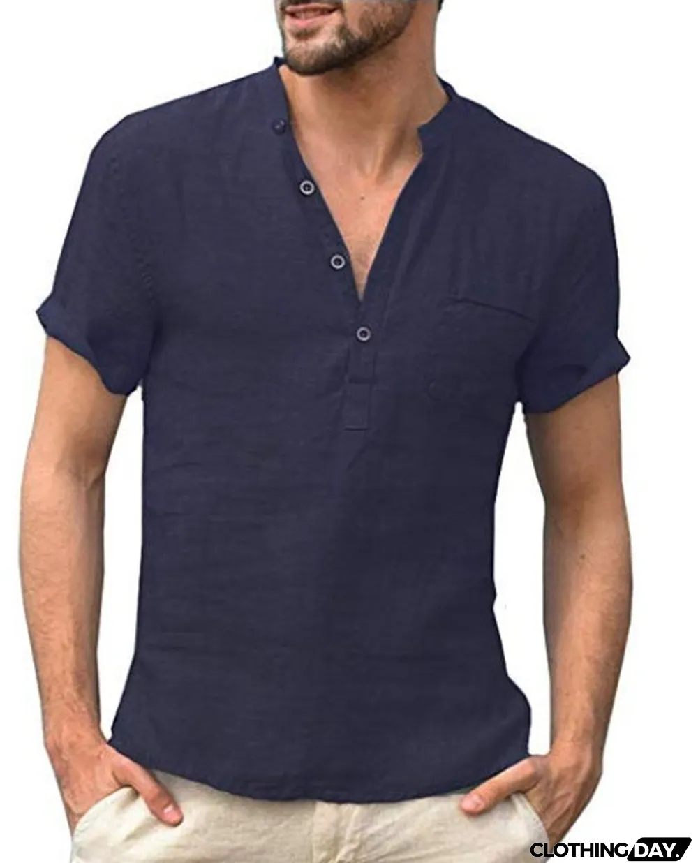 Summer Men Linen Short-Sleeved Stand Collar Buttoned Half-Open Shirt