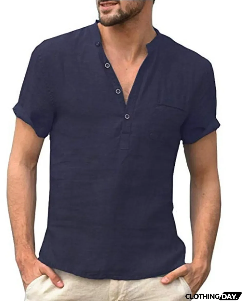 Summer Men Linen Short-Sleeved Stand Collar Buttoned Half-Open Shirt
