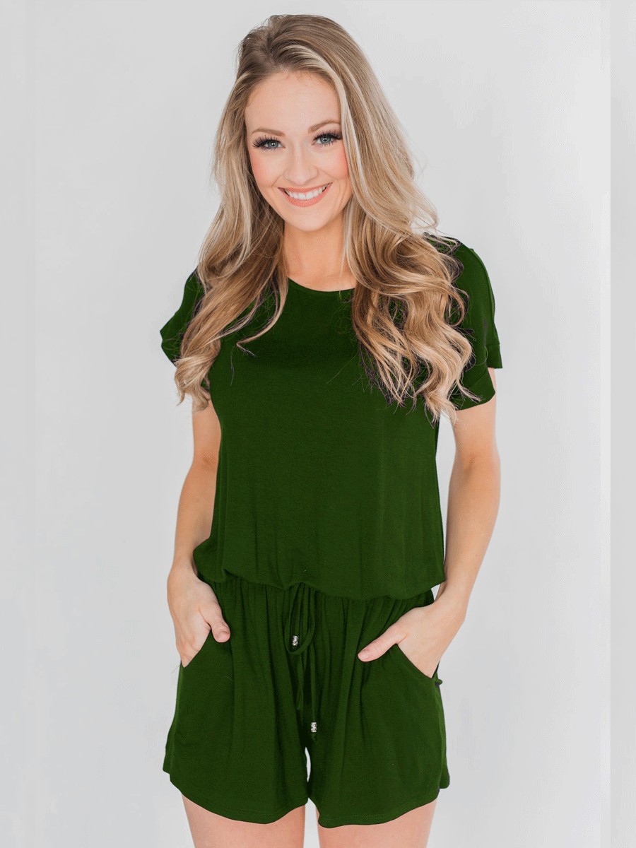 Short Sleeve Romper With Elastic Waist Tie