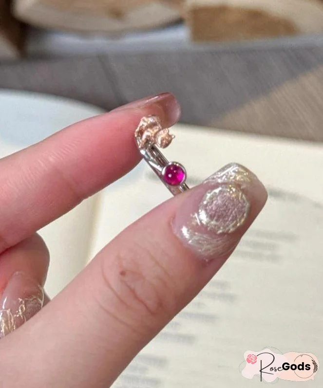 Original Design Purple Red Copper Gem Stone Wire Drawing Little Cats Rings