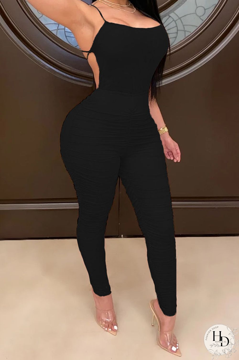 Fluorescent green Fashion Casual Solid Draped Polyester Sleeveless Slip Jumpsuits