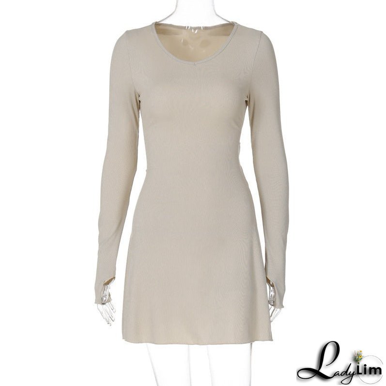 Minimalist Solid Color Dress with Back Lace-Up Waist Control