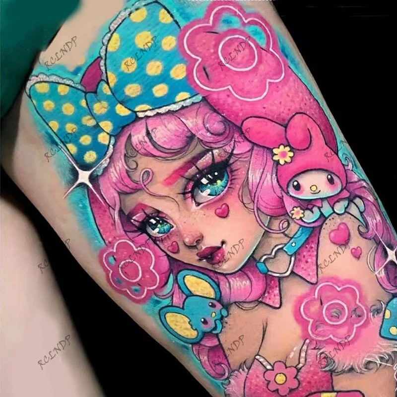 Sdrawing Temporary Tattoo Sticker Anime Cartoon Cute Pink Hair Girl Flower Necklace Fake Tatto Flash Tatoo Art for Women Men