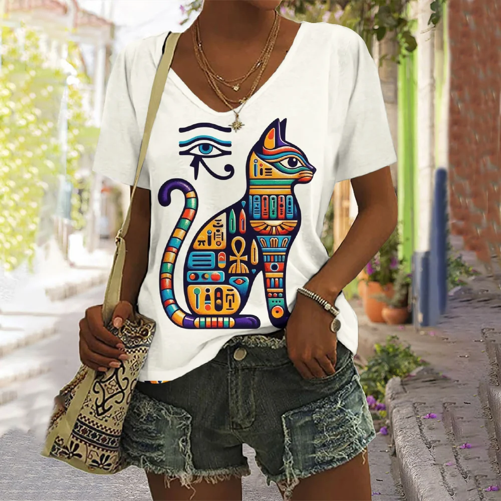 Women's Ancient Egyptian Black Cat Embroidered V-neck Short-sleeved T-shirt