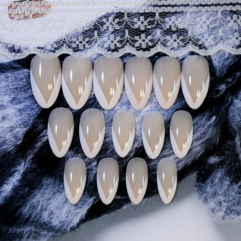Classical Normal Size French Nail Nude White Tip Glossy Press On Fingernals for daily with glue sticker 24-Nail Inspo