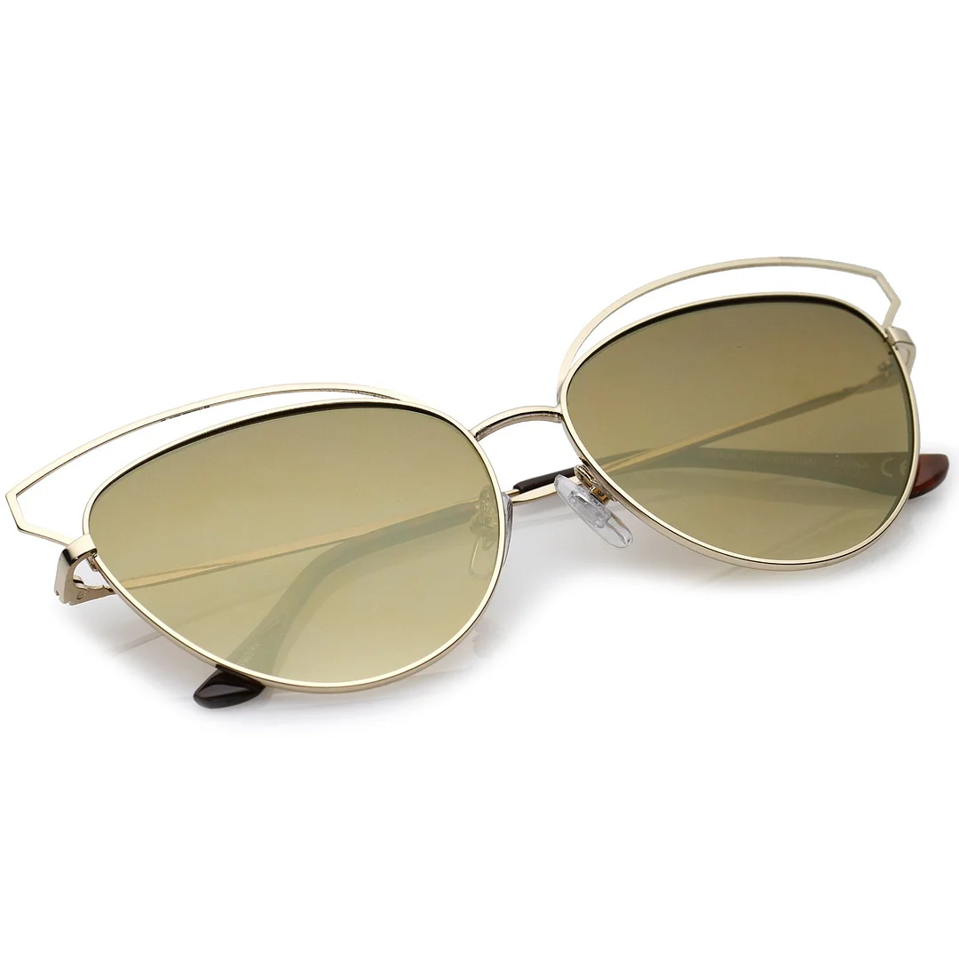 Women's Open Metal Frame Colored Mirror Oversize Cat Eye glasses 58mm