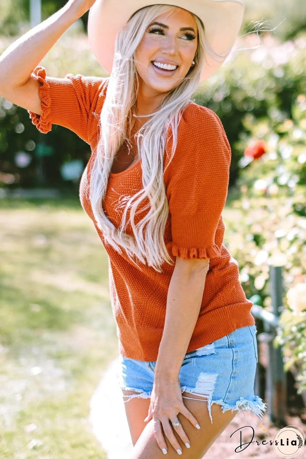 Golden Textured Knit Puff Sleeve Square Neck Sweater