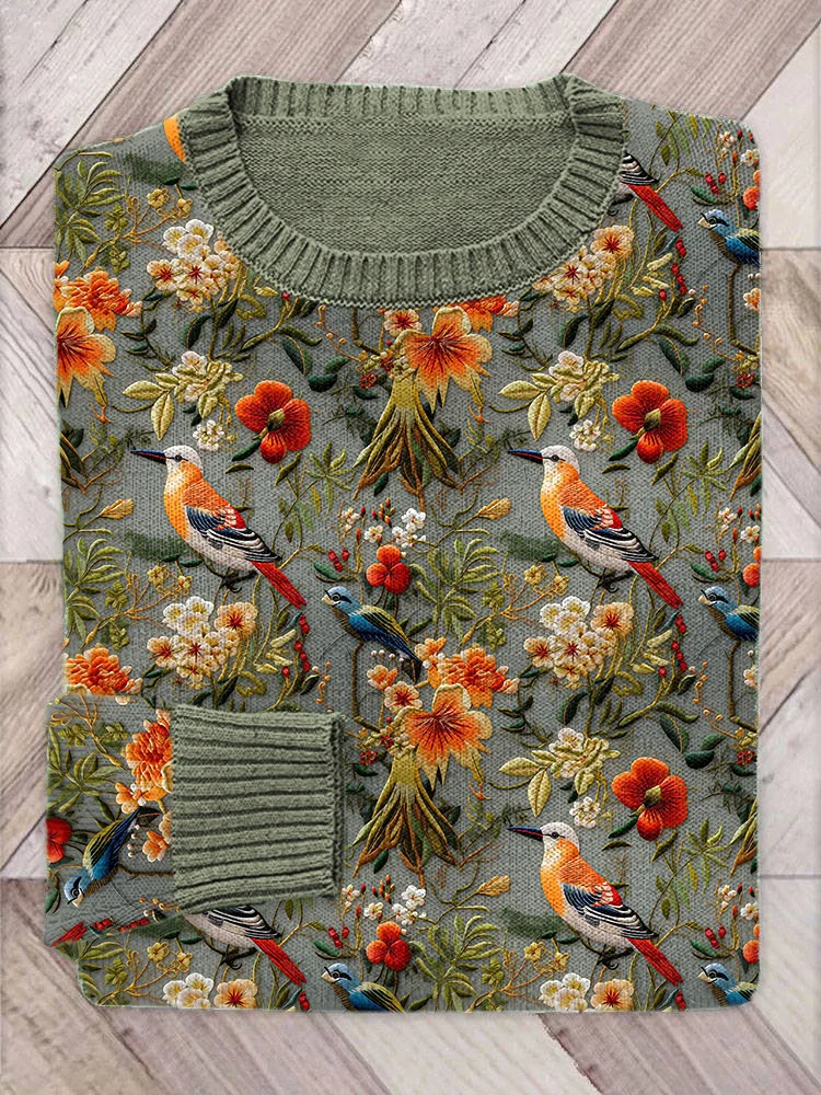 VChics Flower & Bird Embroidery Pattern Cozy Knit Sweater
