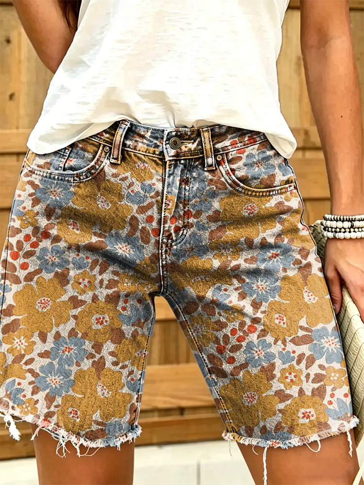Ethnicity Bohemia Flowers Women's Art Print Casual Denim Shorts