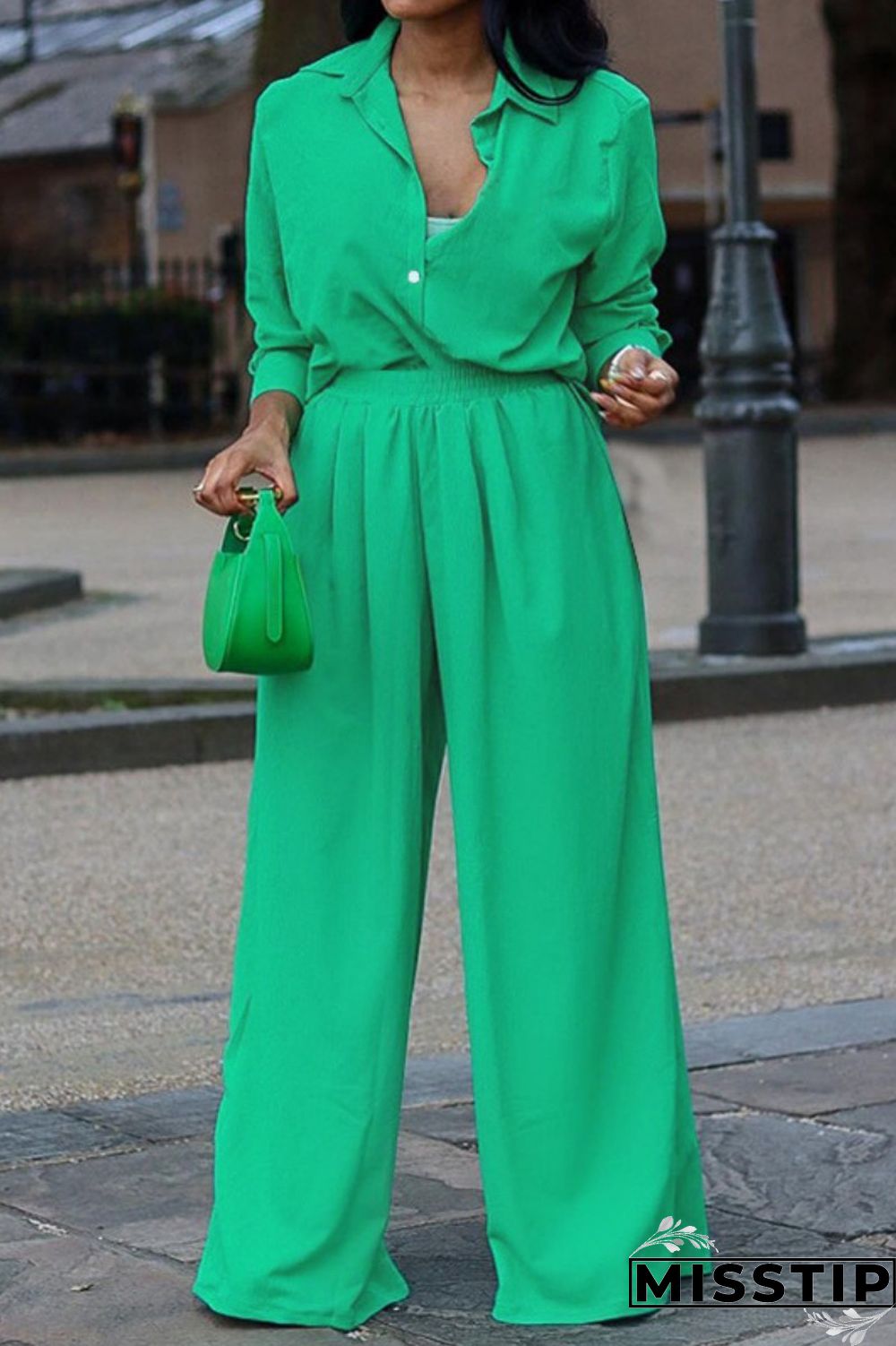 Green Casual Solid Patchwork Shirt Collar Long Sleeve Two Pieces