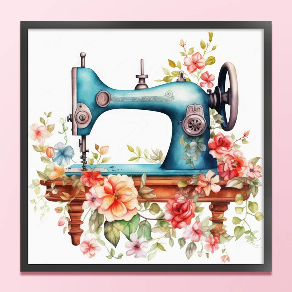 DIY Stamped Cross Stitch 14CT Full Embroidery 40*40cm - Vintage Flower Sewing Machine