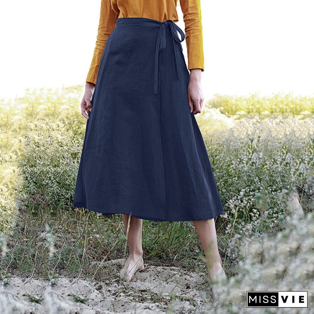 Vintage Elegant Skirt Women Cotton Side Tie A-Line Skirt Summer Long Skirt Dress
