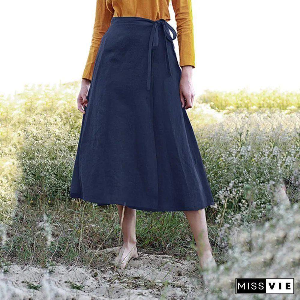 Vintage Elegant Skirt Women Cotton Side Tie A-Line Skirt Summer Long Skirt Dress