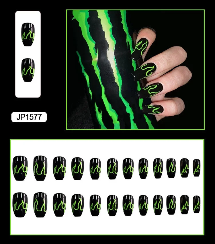 24PCS Dark Punk False Nails with Glue Gradient Long Detachable Fire Stick on Nails Skull Flame  Art DIY Fashion Manicure Tool-Nail Inspo