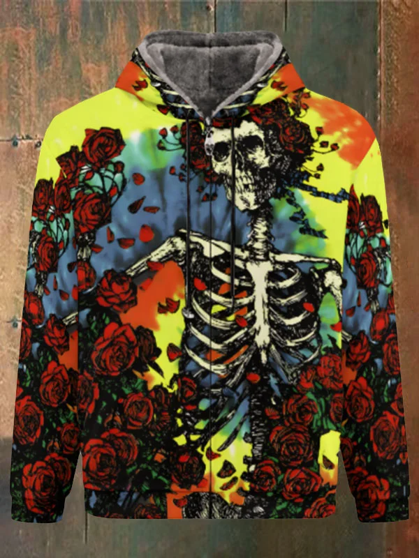 Unisex Skull Print Double Layer Fleece Zip-Up Hooded Jacket