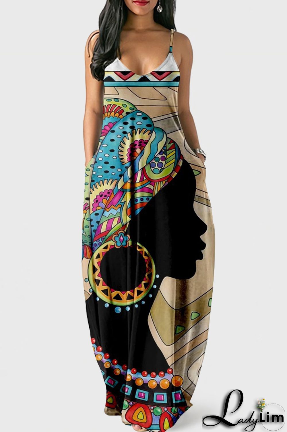 White Blue Fashion Sexy Print Backless Spaghetti Strap Long Dress