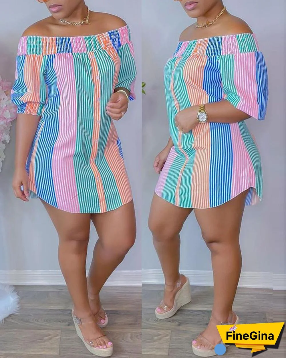 Striped Print Colorblock Shirred Buttoned Casual Dress