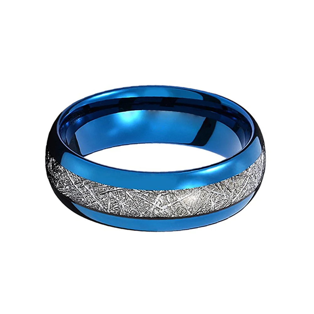 8MM Silver Meteorite Inlay Blue Tungsten Domed Men Wedding Band Comfort Fit