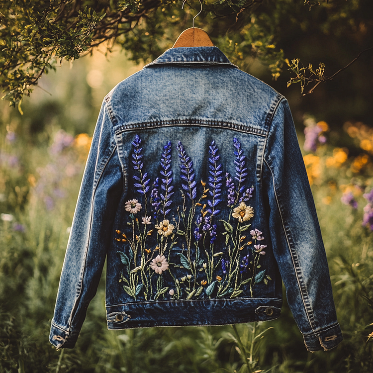 VChics Women's Lavender Floral Embroidery Art Denim Jacket