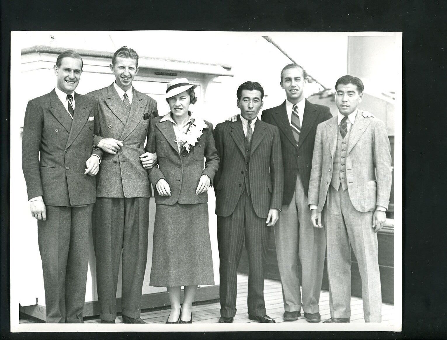 Don Budge bids bon voyage to German & Japanese Tennis pros 1937 Press Wire Photo Poster painting