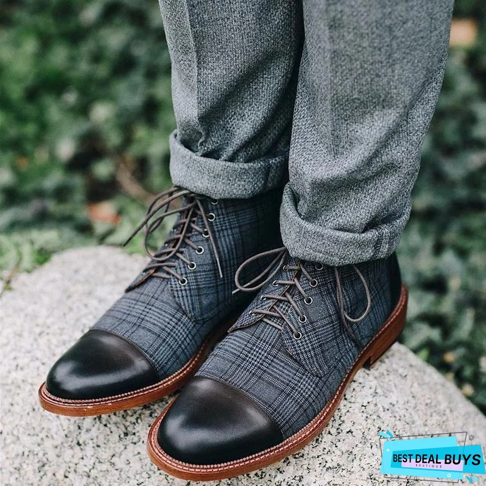 Vintage Genuine Leather Plaid Lace Up Boots