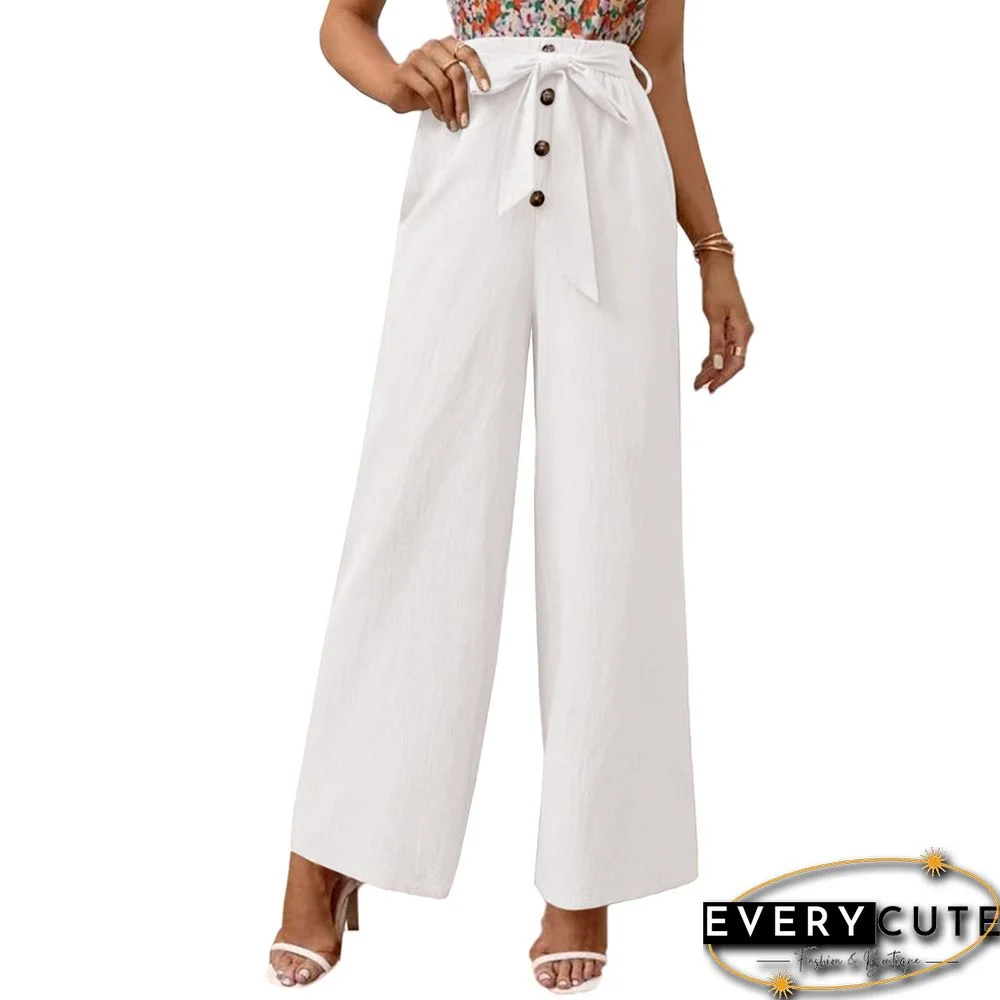 White Elastic Tie Waist Wide Leg Pants