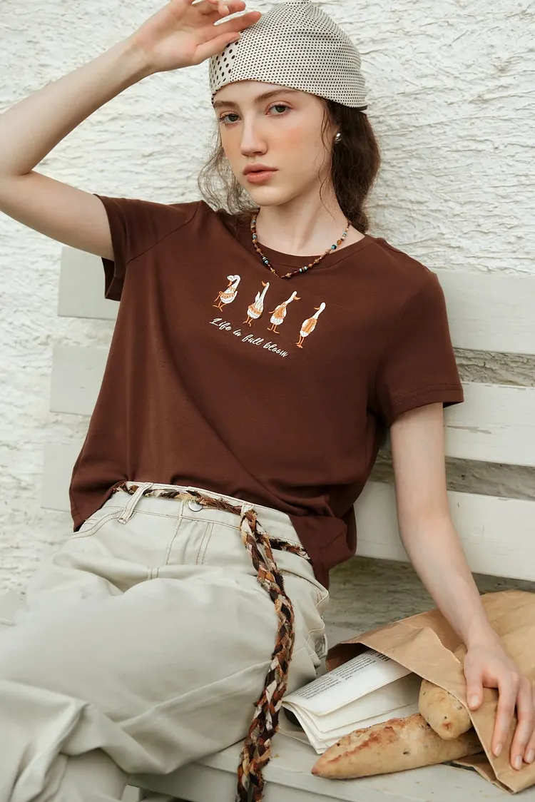 Brown Cute Duck Embroidery Fitted Tee