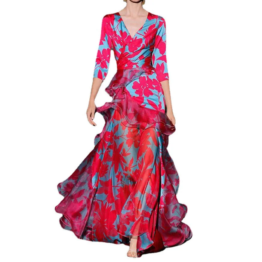 Uveng Temperament Red Digital Printing V-neck Long Sleeve Dresses