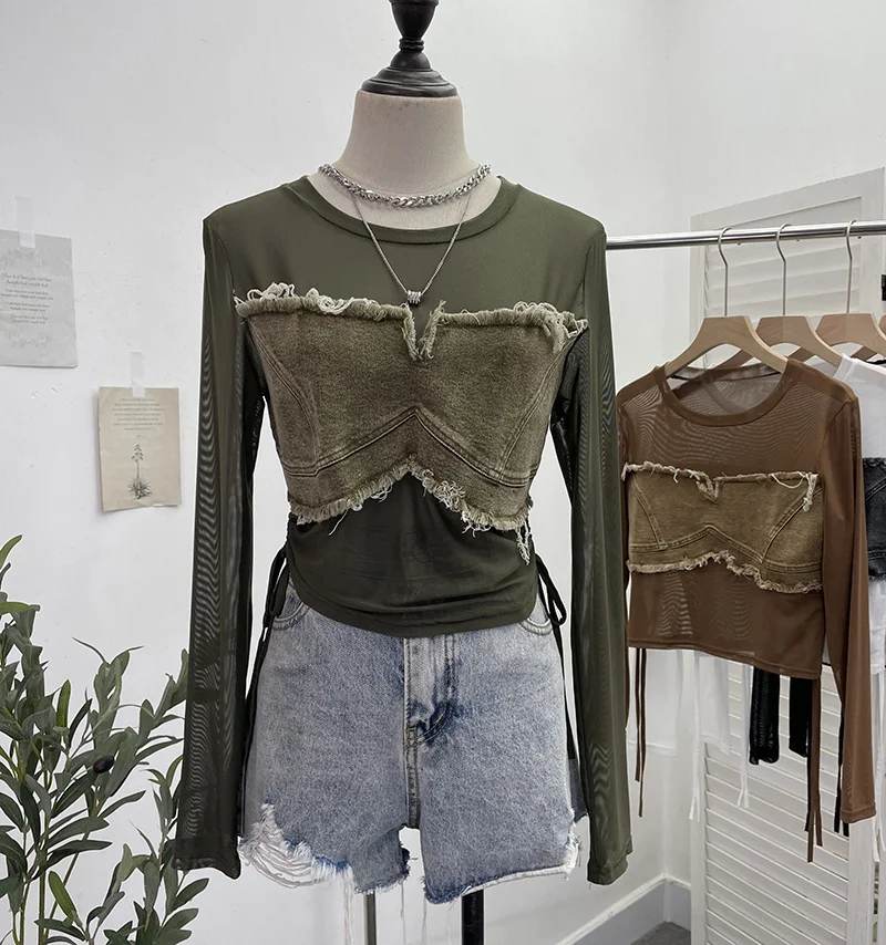 Churchf Vintage Spice Girls Stomee Net Yarn Sexy Perspective Drawstring Long-Sleeved T-Shirt Top 2630