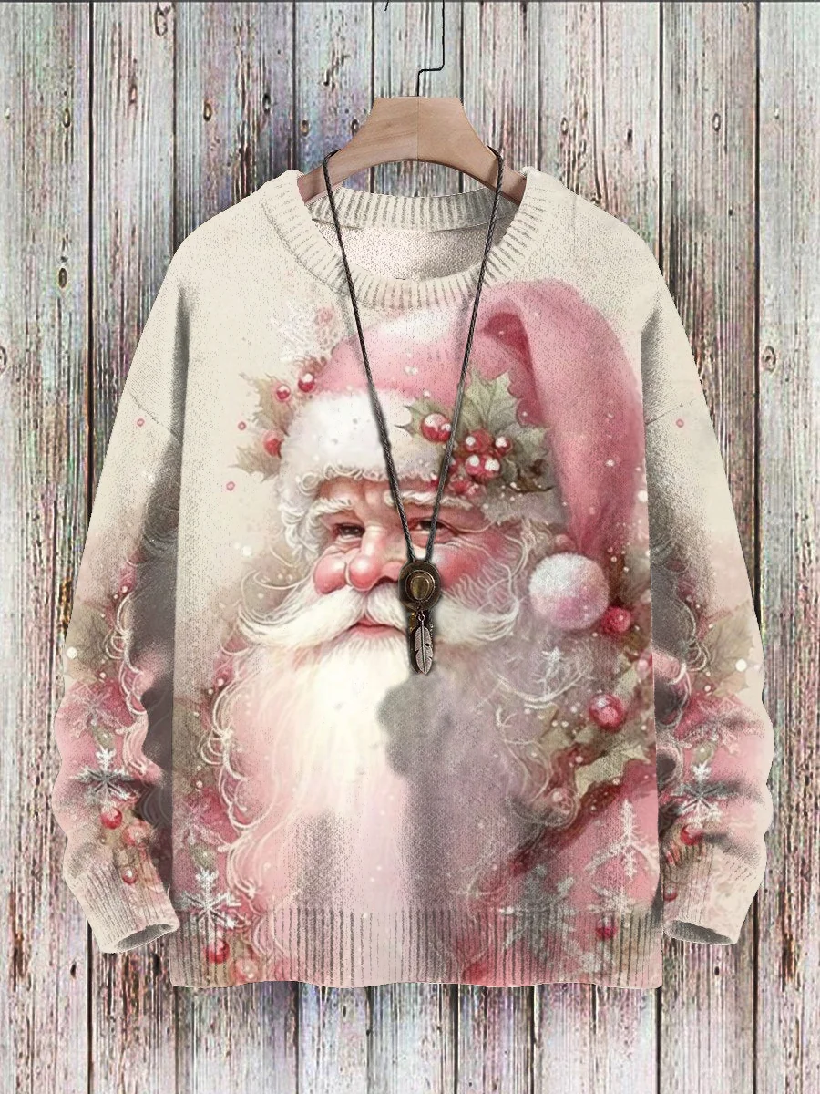 Pink Santa Claus Print Casual Knitted Sweater