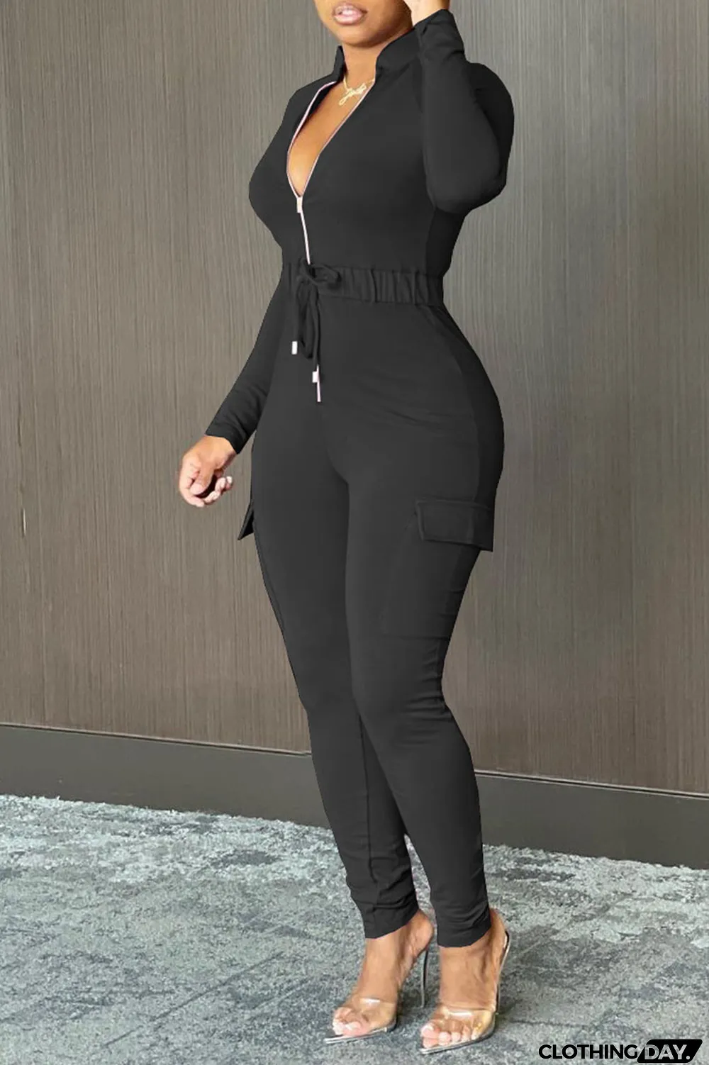 Tangerine Red Casual Solid Split Joint Draw String Pocket Zipper Collar Regular Jumpsuits