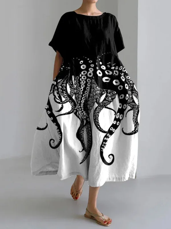 Women's Colorblock Fun Octopus Tentacles Print Short Sleeve Maxi Dress