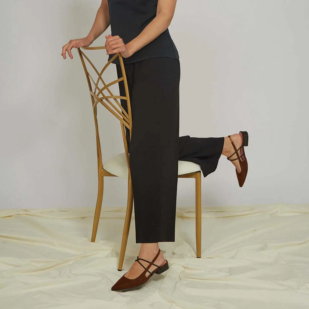 Brown Pointed Toe Chunky Heel Slingback Pumps with Elastic Rope