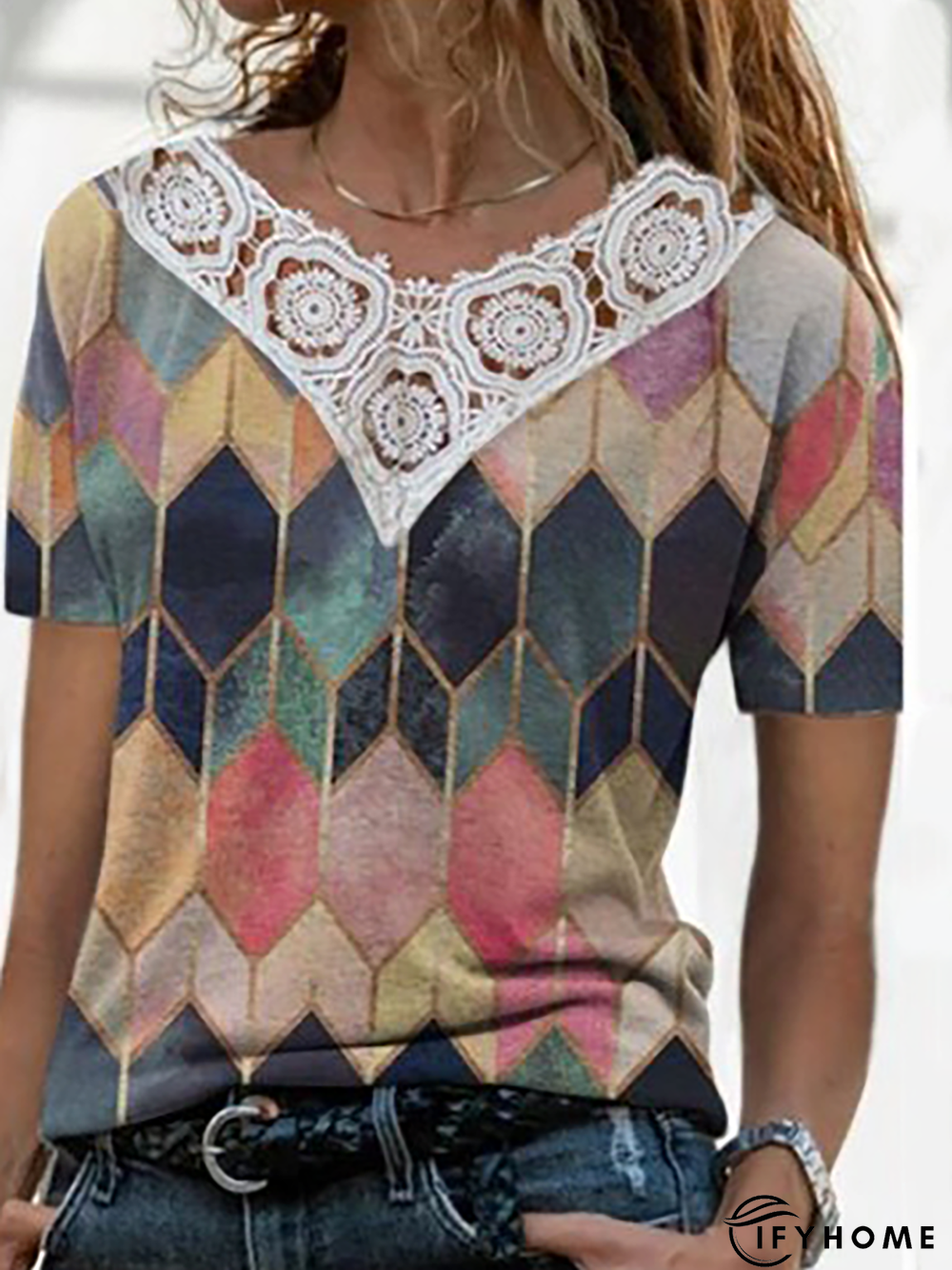 Plus size Geometric Printed Short Sleeve Tops | IFYHOME