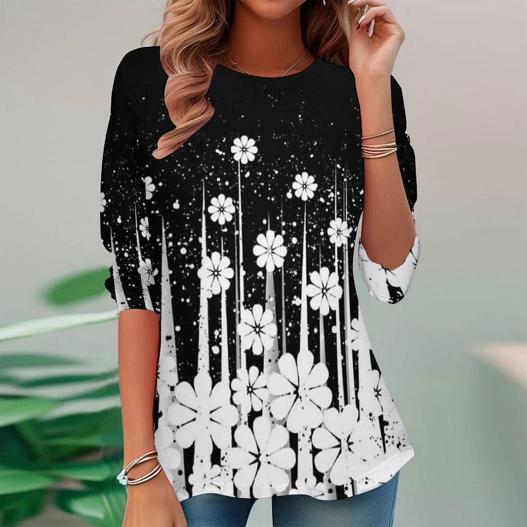 Full Printed Long Sleeve Plus Size Tunic for  Women Pattern Floral,Black,White