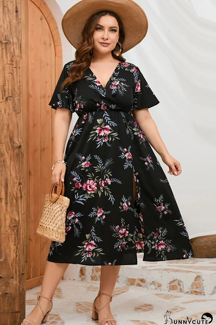 Plus Size Floral Short Sleeve Split Dress