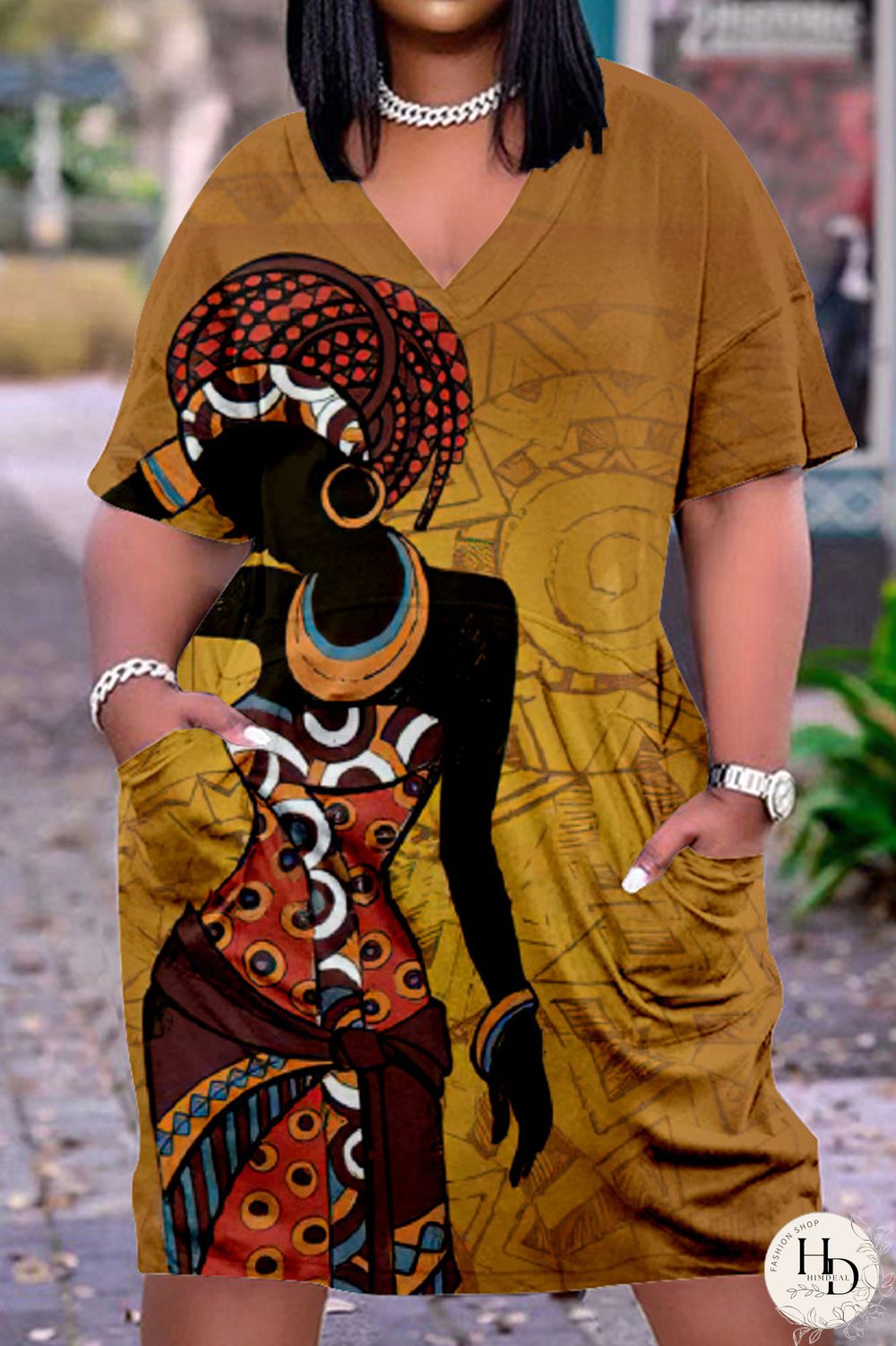 Black Gray Fashion Casual Print Basic V Neck Short Sleeve Dress