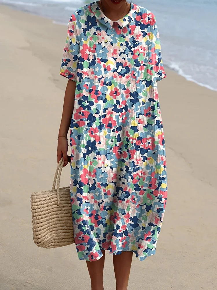 Women's 2024 Summer Holiday Dresses Vintage Floral Print Crew-Neck Midi Beach Dress