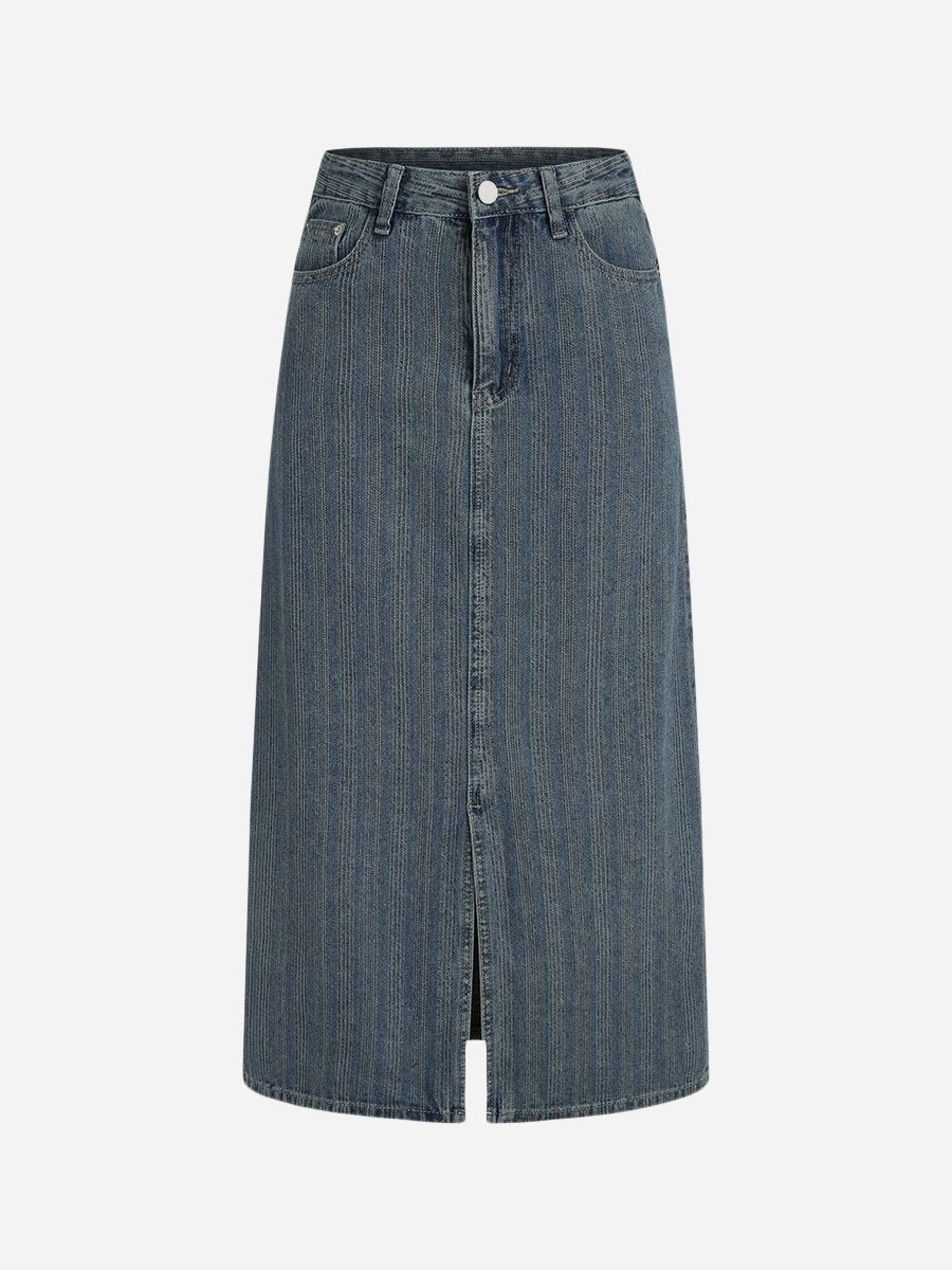 High Waist Striped Cowboy Split Hem Skirts