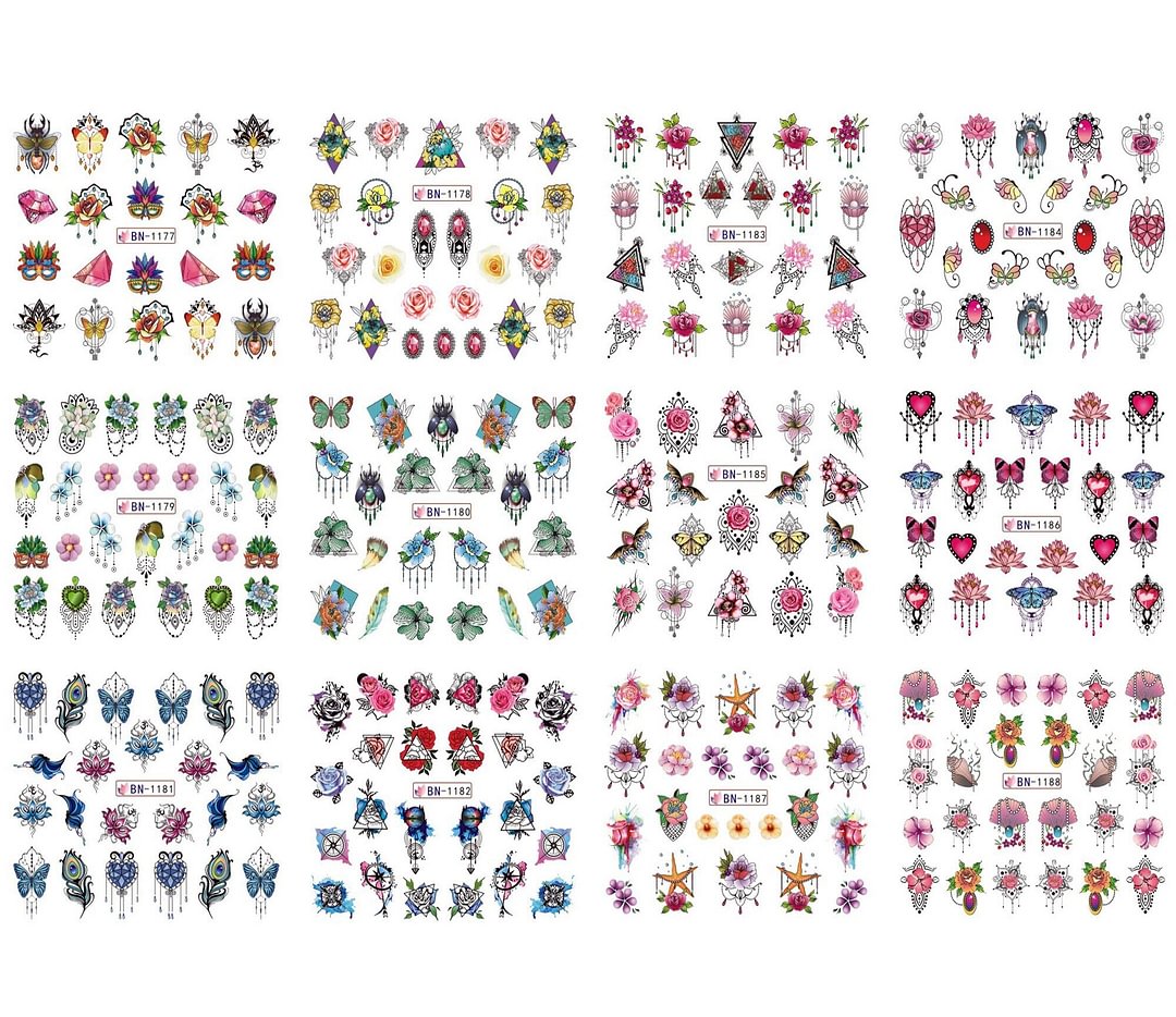 Nail Stickers Water Transfer Elegant Butterfly Flowers Designs 12Pcs/Set Nail Decal Decoration Tips For Beauty Salons