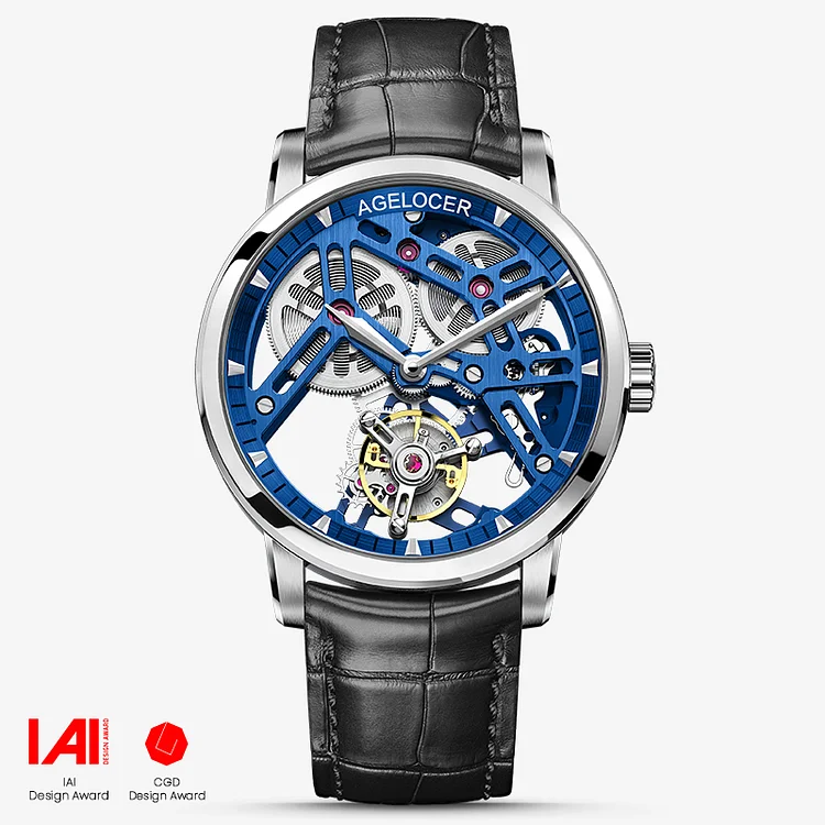 Agelocer Original Free-Sprung Manual Winding Flying Tourbillon Men's Skeleton Mechanical Watch Blue Silver