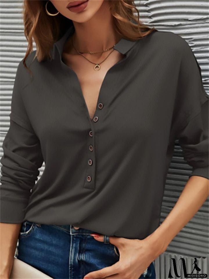 MidiSono - Women's Spring V Neck Button Design Pullover Slim Fit Blouses