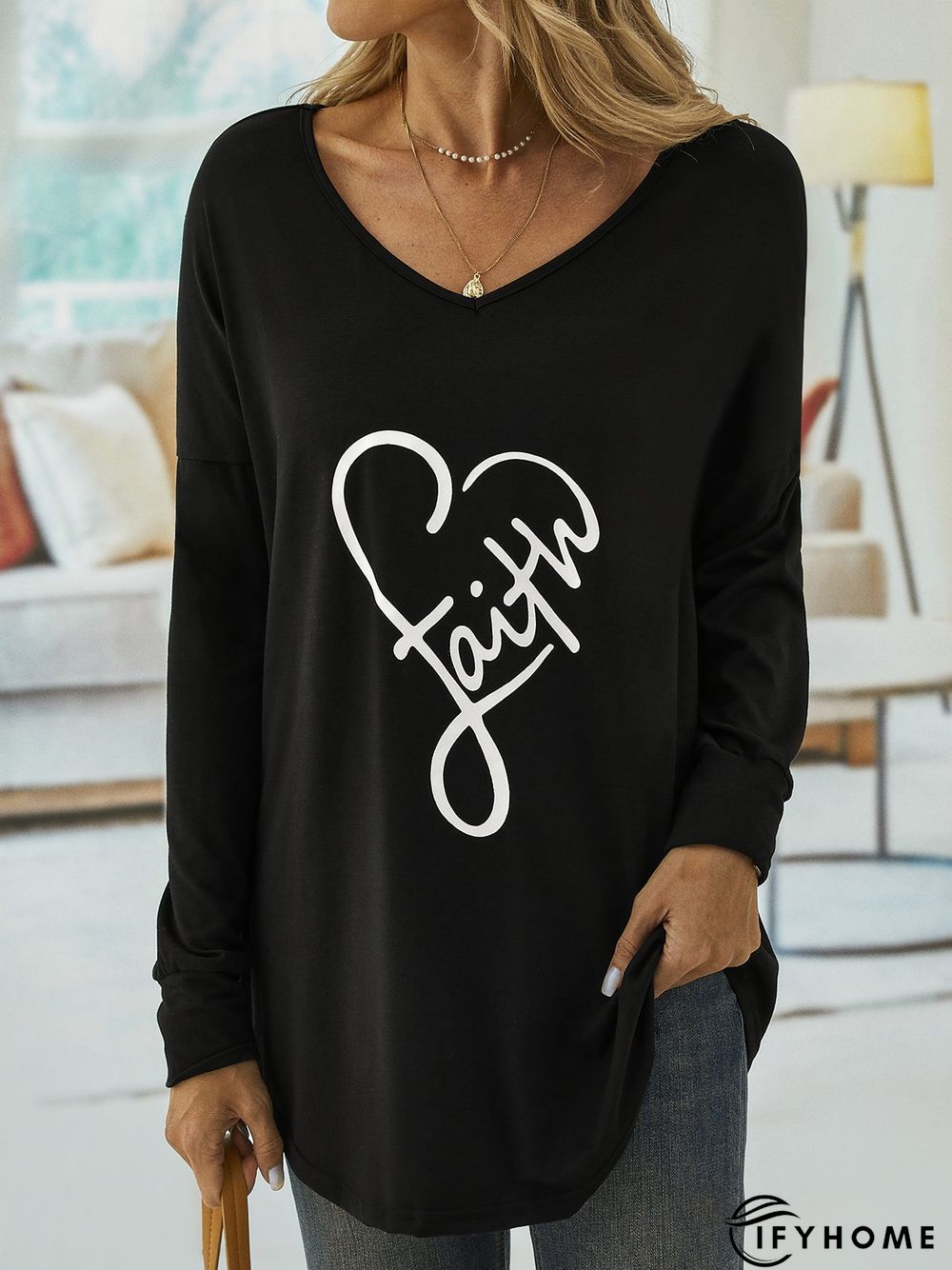 Casual Long Sleeve V Neck Printed Top Tunic T-Shirt | IFYHOME