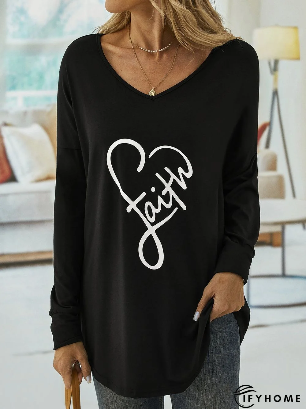 Casual Long Sleeve V Neck Printed Top Tunic T-Shirt | IFYHOME